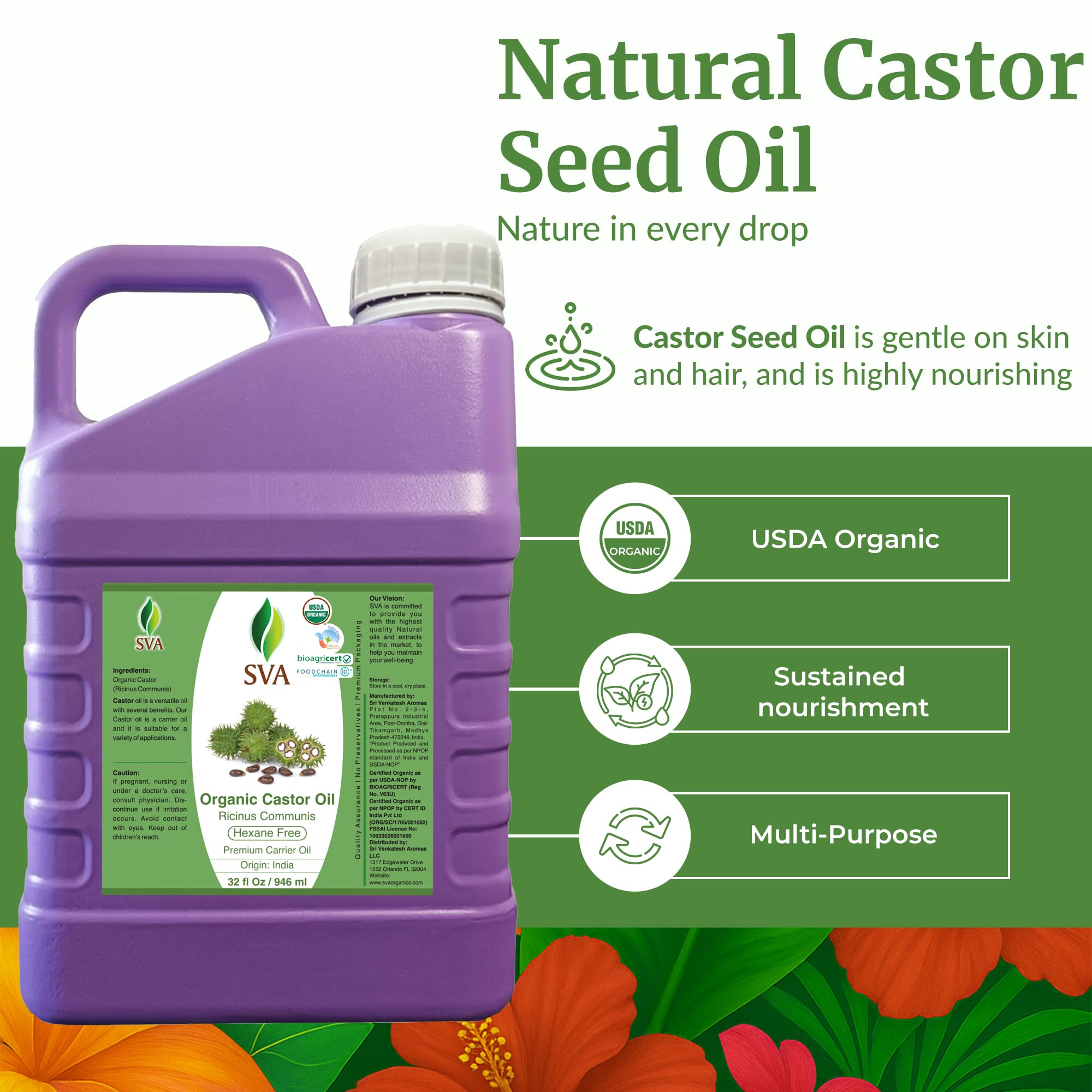 Label of SVA Castor Seed Oi Organic Castor Oil 32 oz
