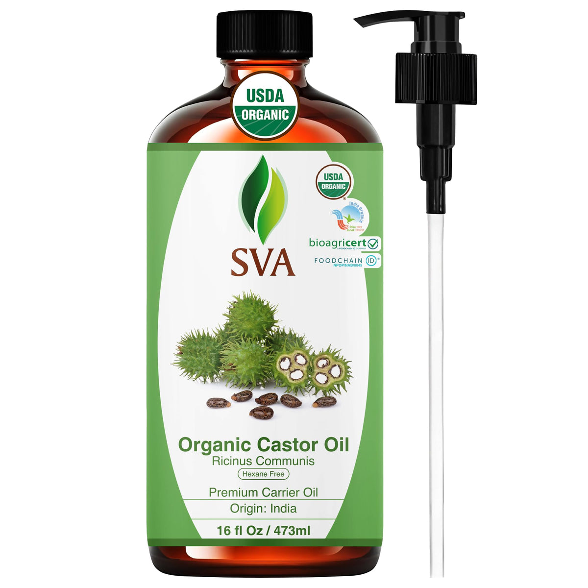 SVA Organic Castor Seed Oil bottle with pump 16 oz