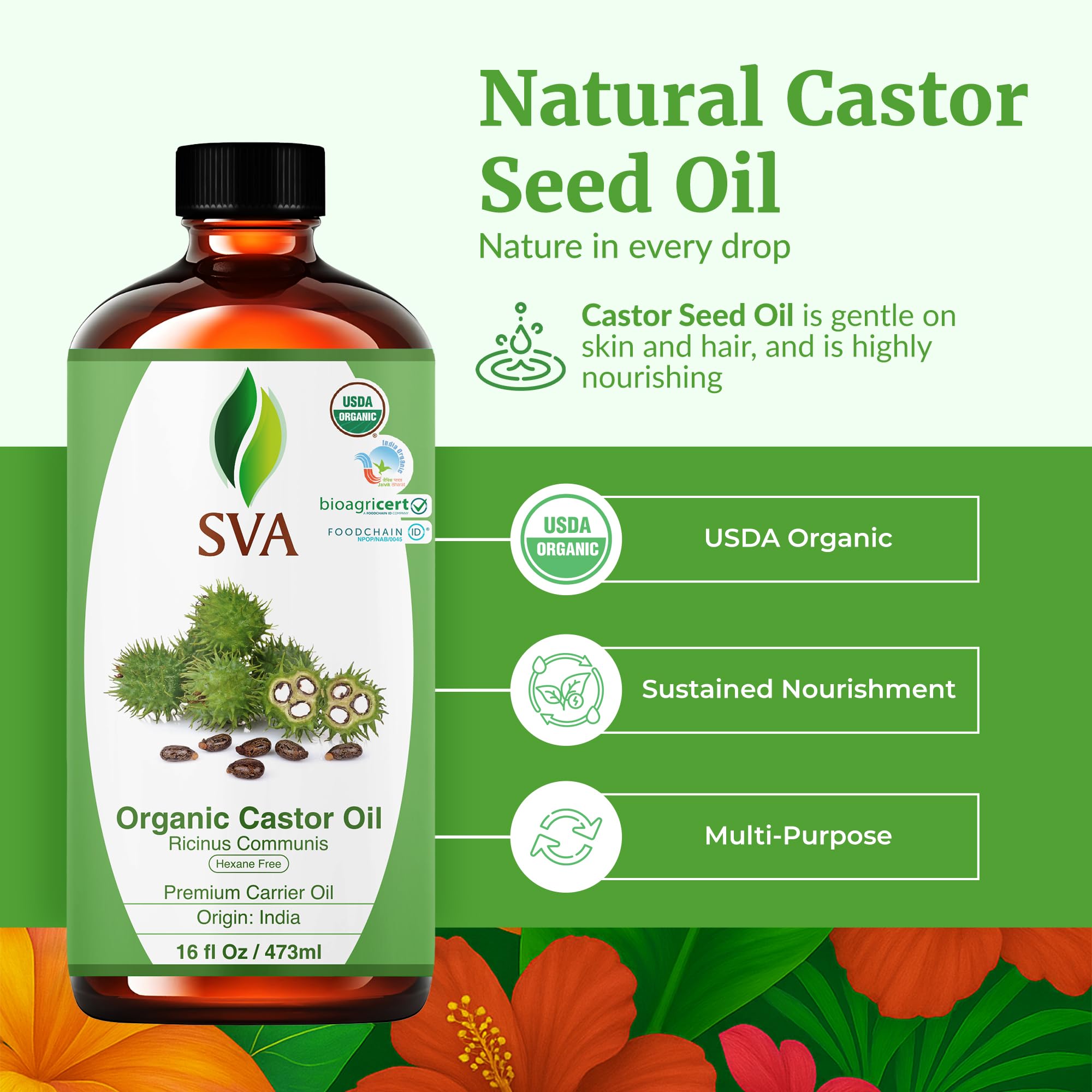 Front packaging view of SVA Castor Seed Oil Organic 16 oz