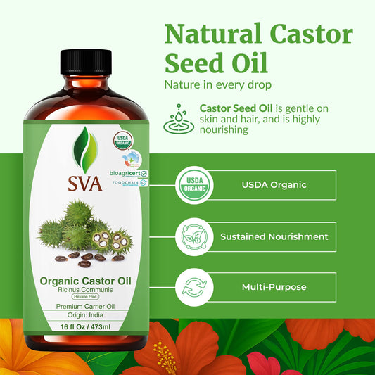 Front packaging view of SVA Castor Seed Oil Organic 16 oz