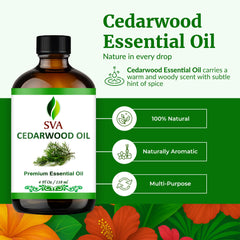 Close-up of SVA Cedarwood essential oil bottle