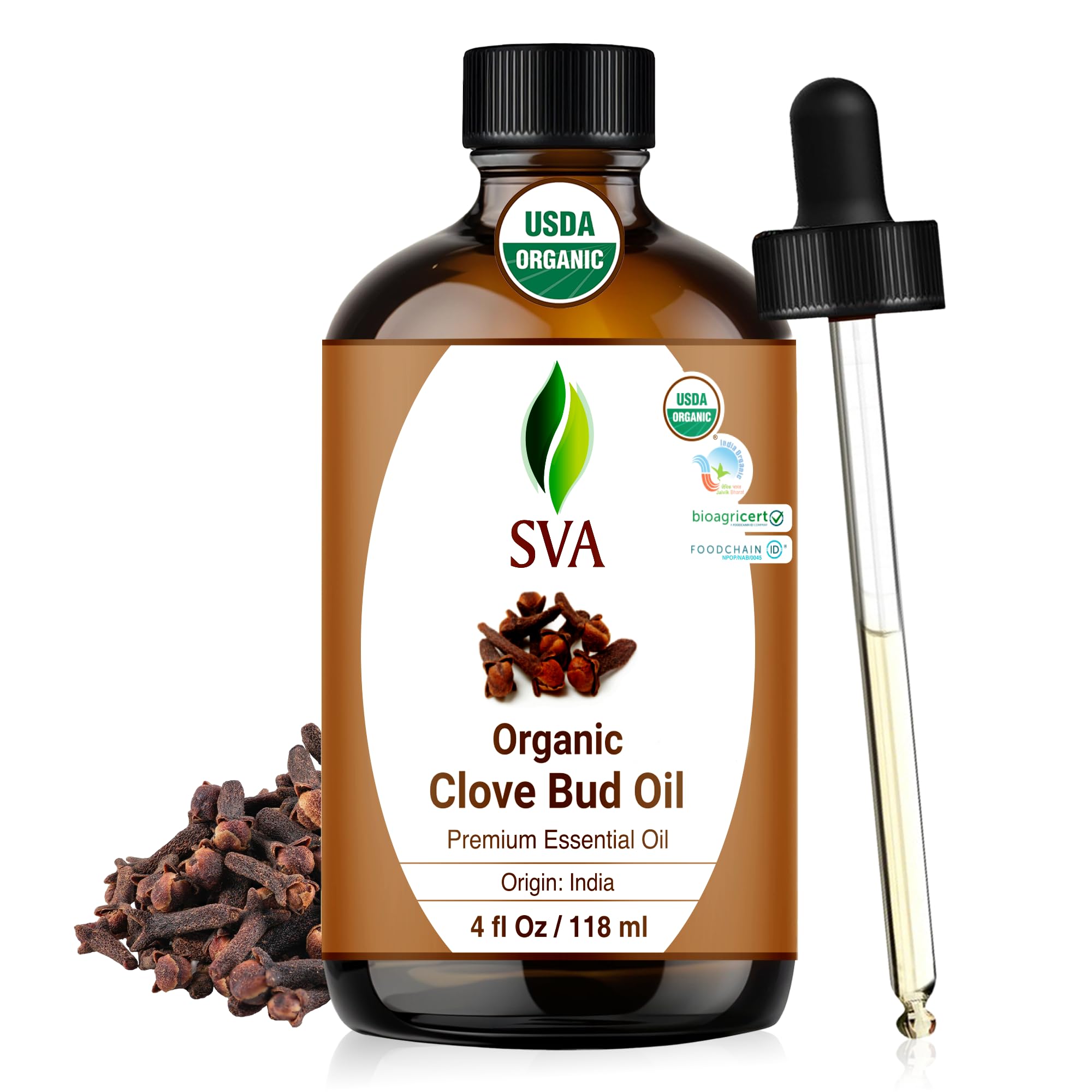 SVA Organic Clove Bud Essential Oil 4 oz bottle with dropper
