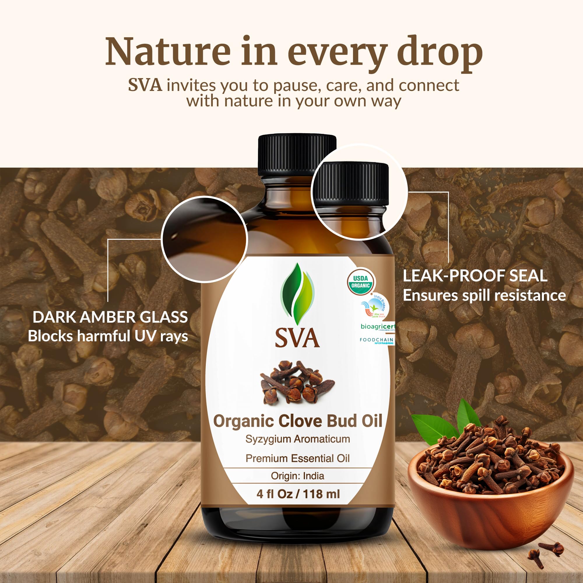 Dropper bottle of SVA Organic Clove Bud Essential Oil