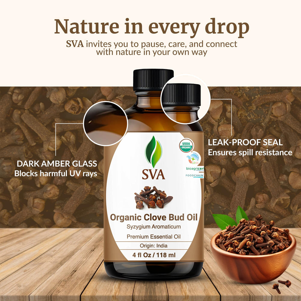Dropper bottle of SVA Organic Clove Bud Essential Oil