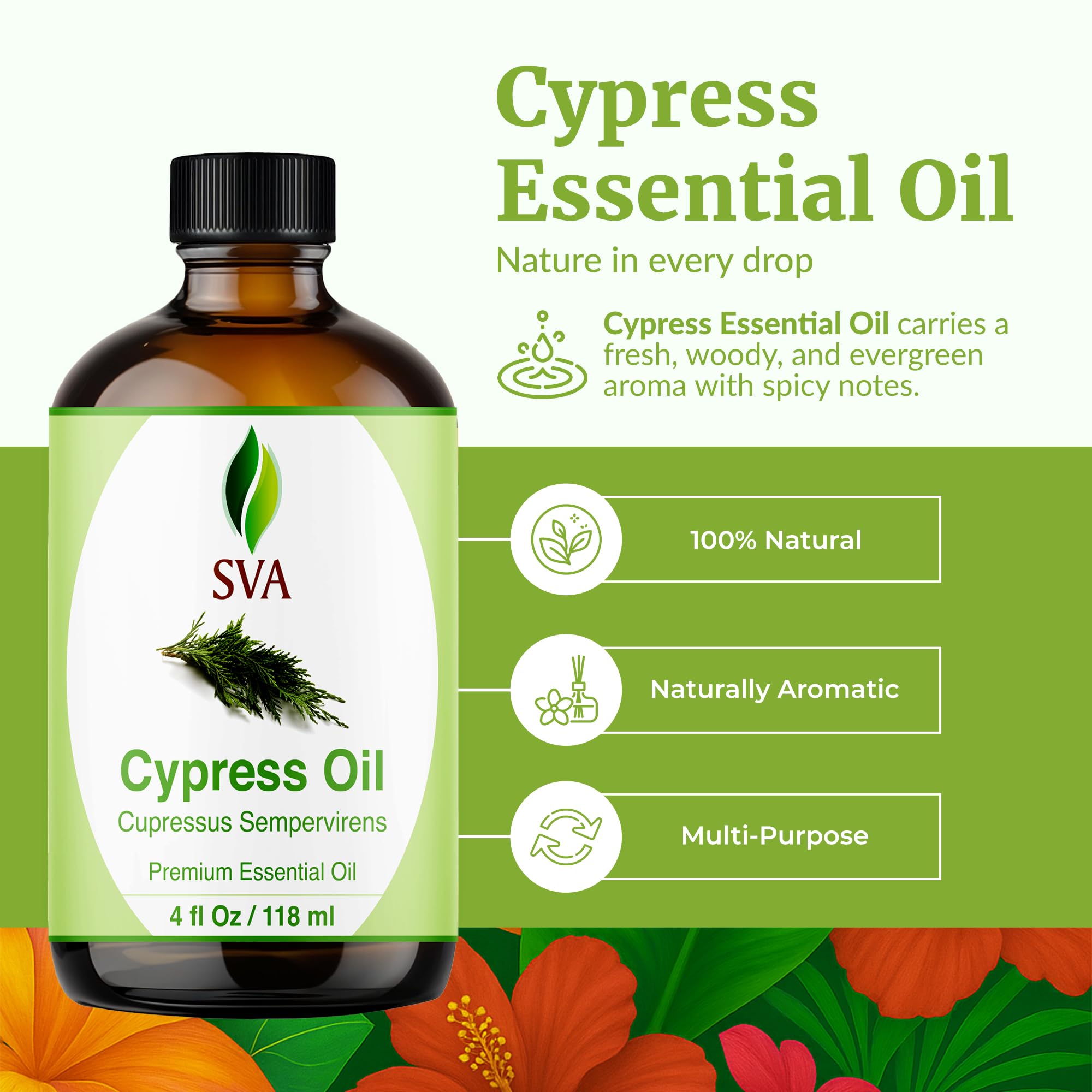 Close-up of SVA Cypress Essential Oil 4oz bottle