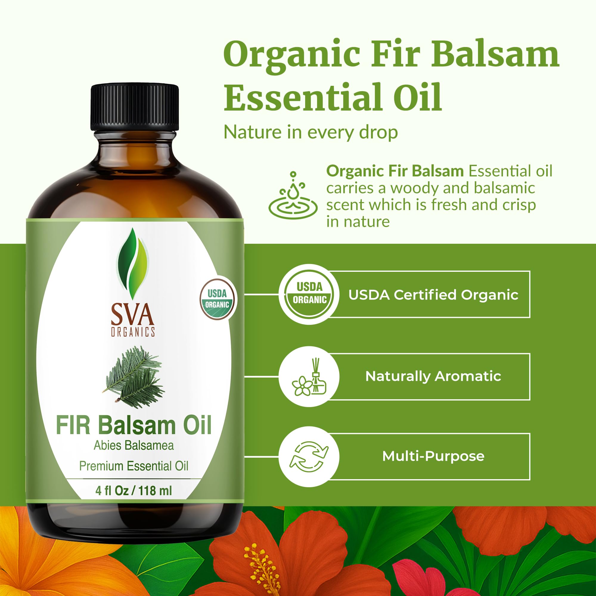 Close-up of SVA Fir Balsam Essential Oil bottle