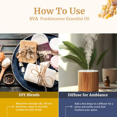 Close-up of SVA Frankincense essential oil bottle