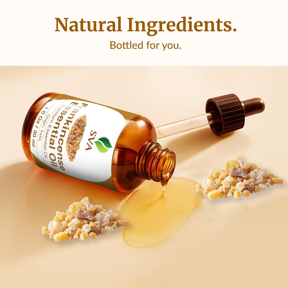 Close-up of frankincense essential oil bottle for reference