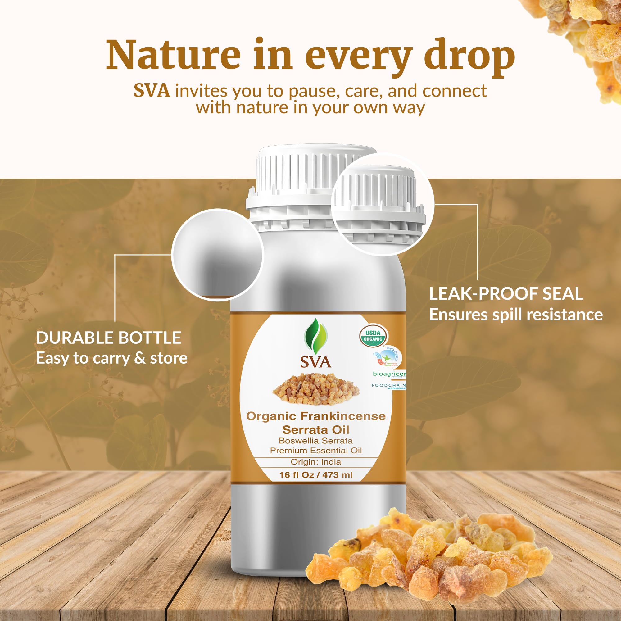 Packaging of SVA Frankincense Organic Essential Oil 16 oz