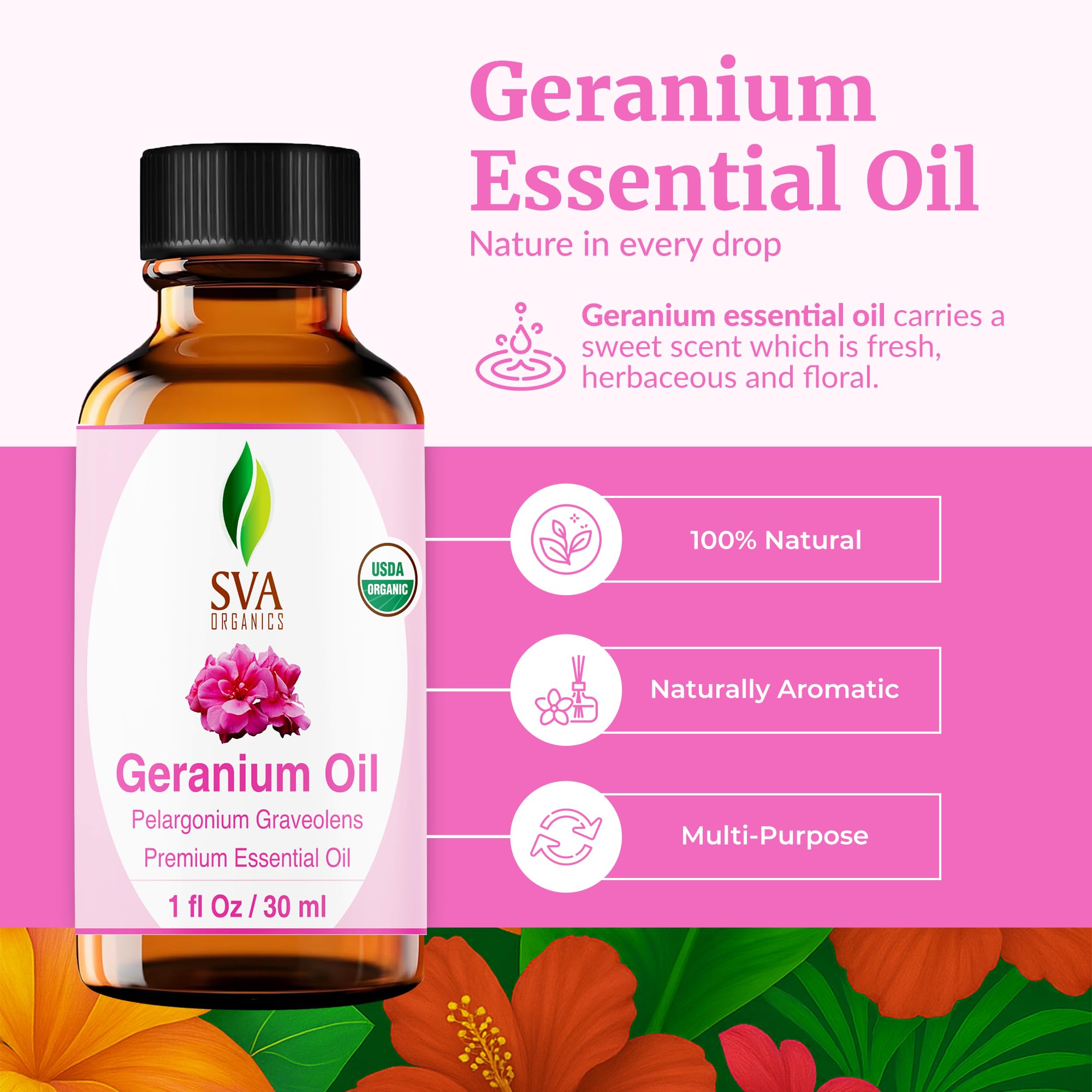 Dropper dispensing Geranium essential oil from bottle