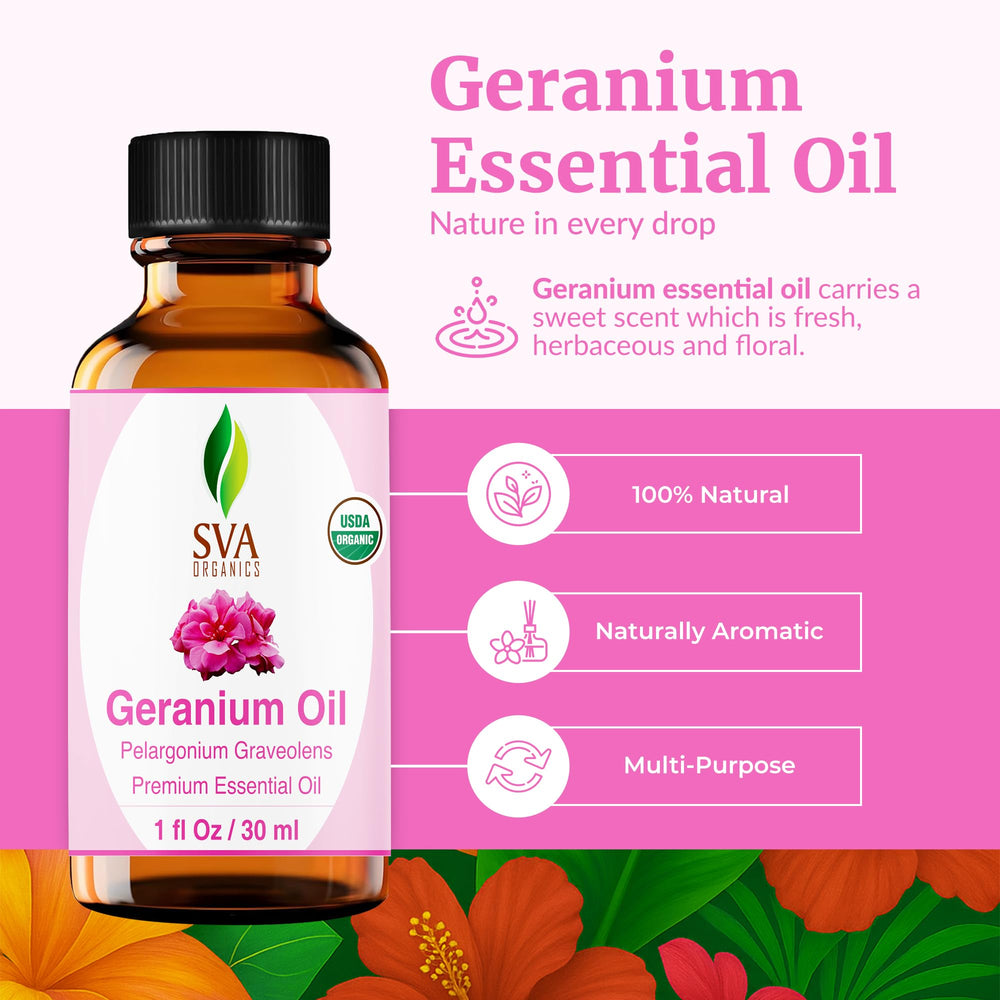 Dropper dispensing Geranium essential oil from bottle