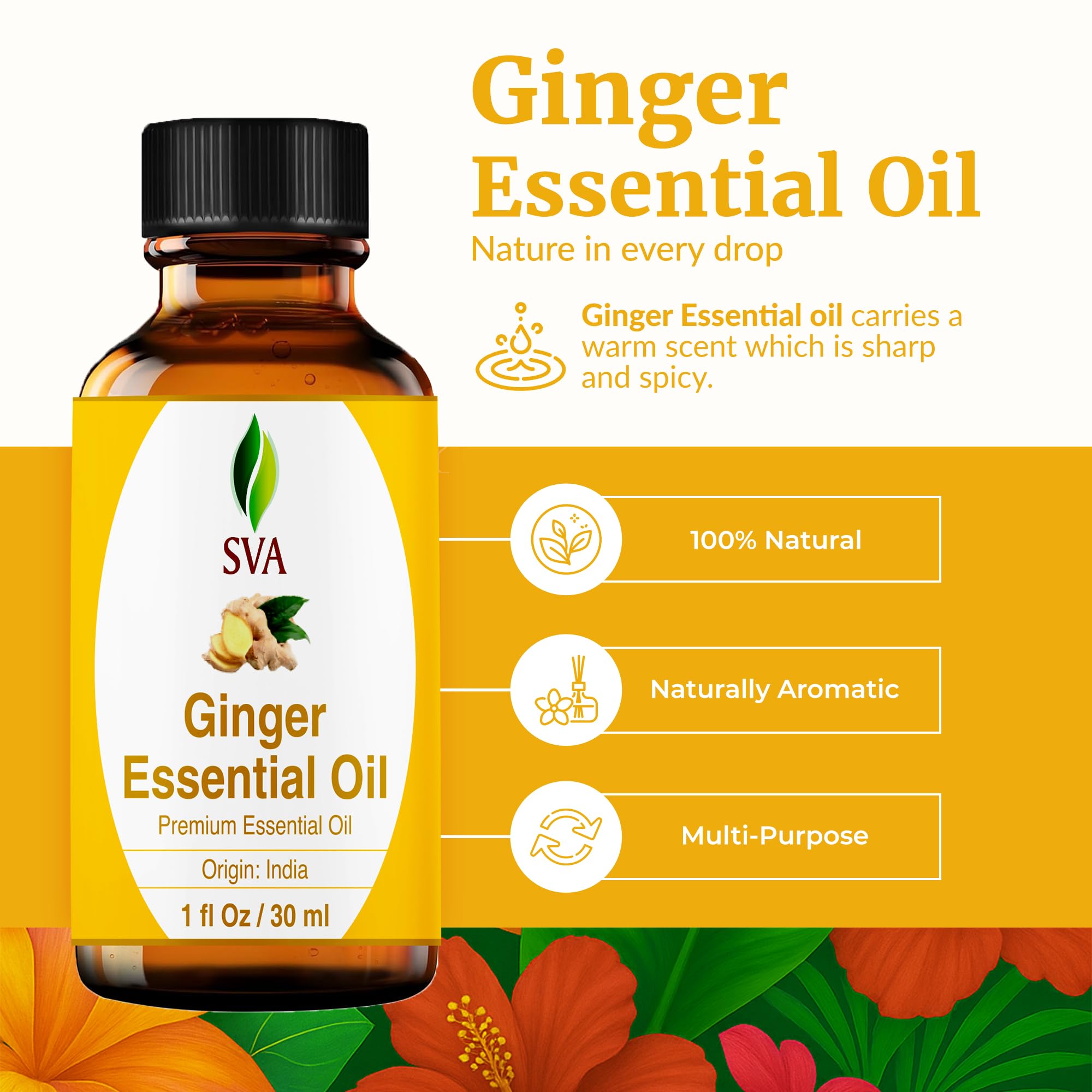 Close-up of amber bottle containing ginger essential oil