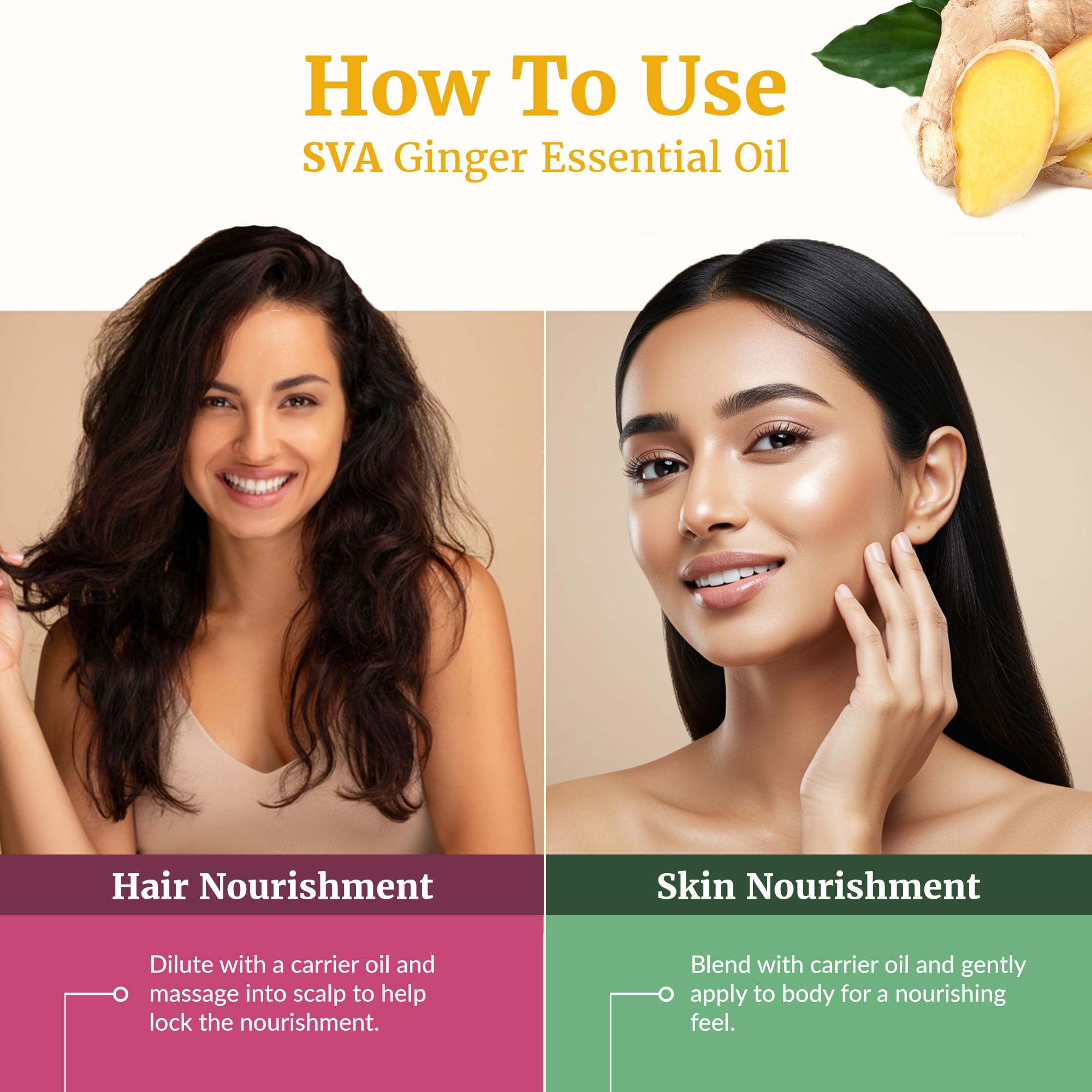 Hair care scene showing ginger essential oil being added to products