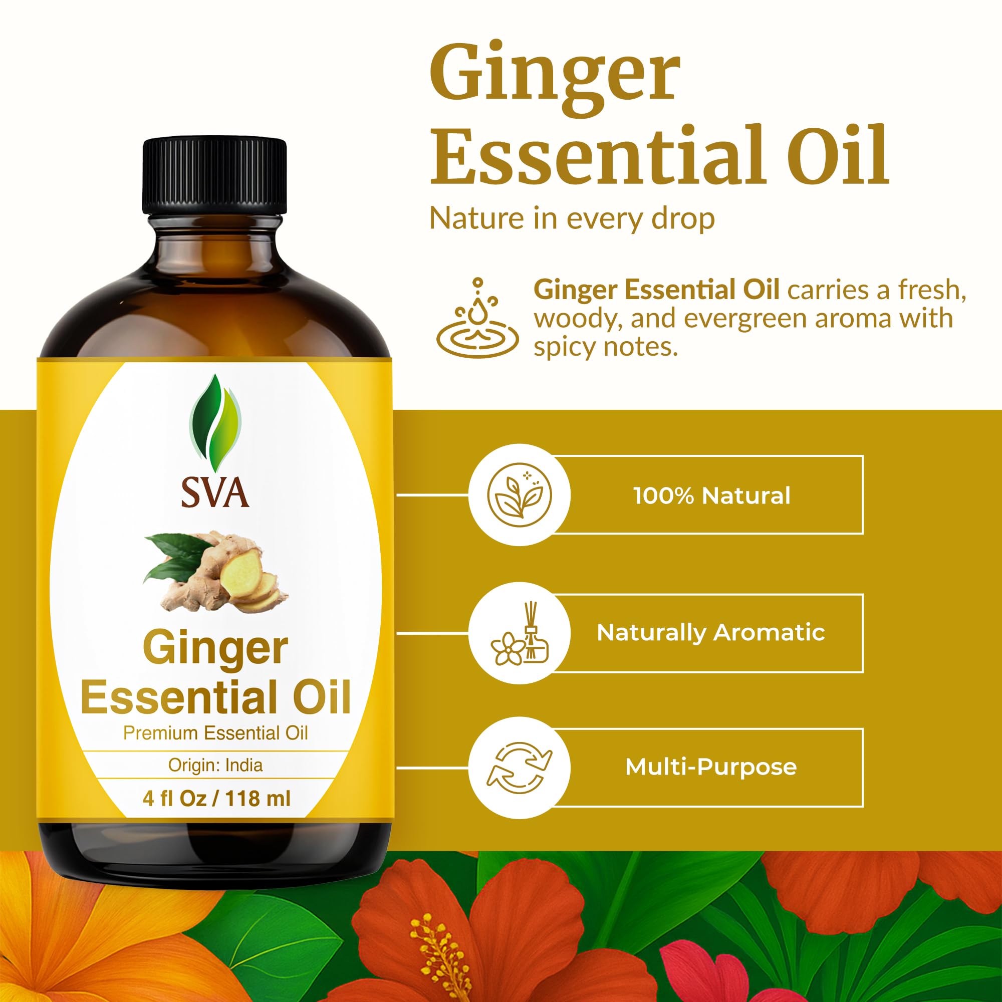 Close-up of ginger essential oil bottle and dropper