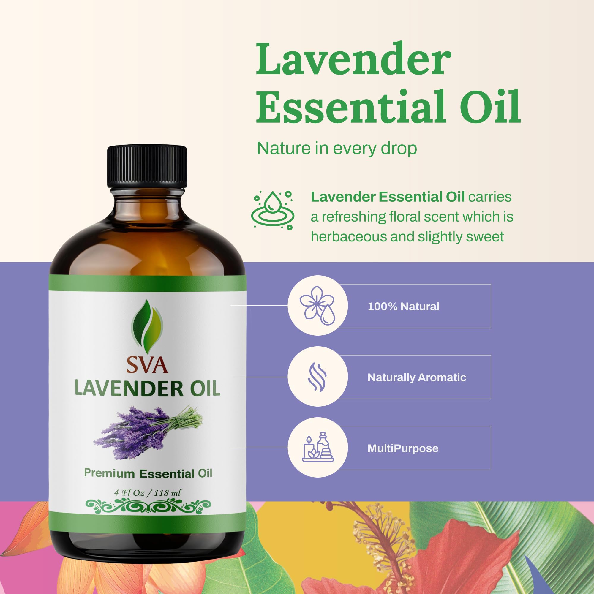 Close-up of lavender essential oil dropper bottle
