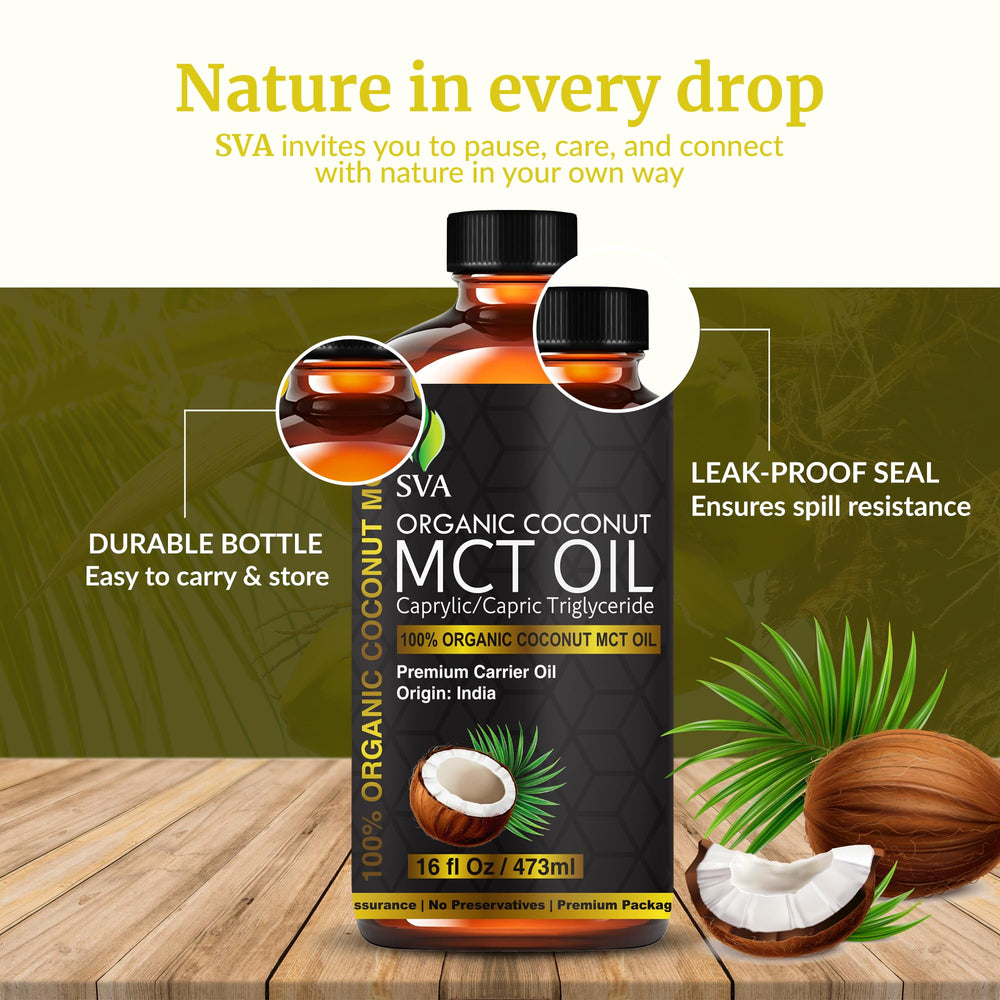 A few drops of SVA MCT Oil Organic 16oz on palm