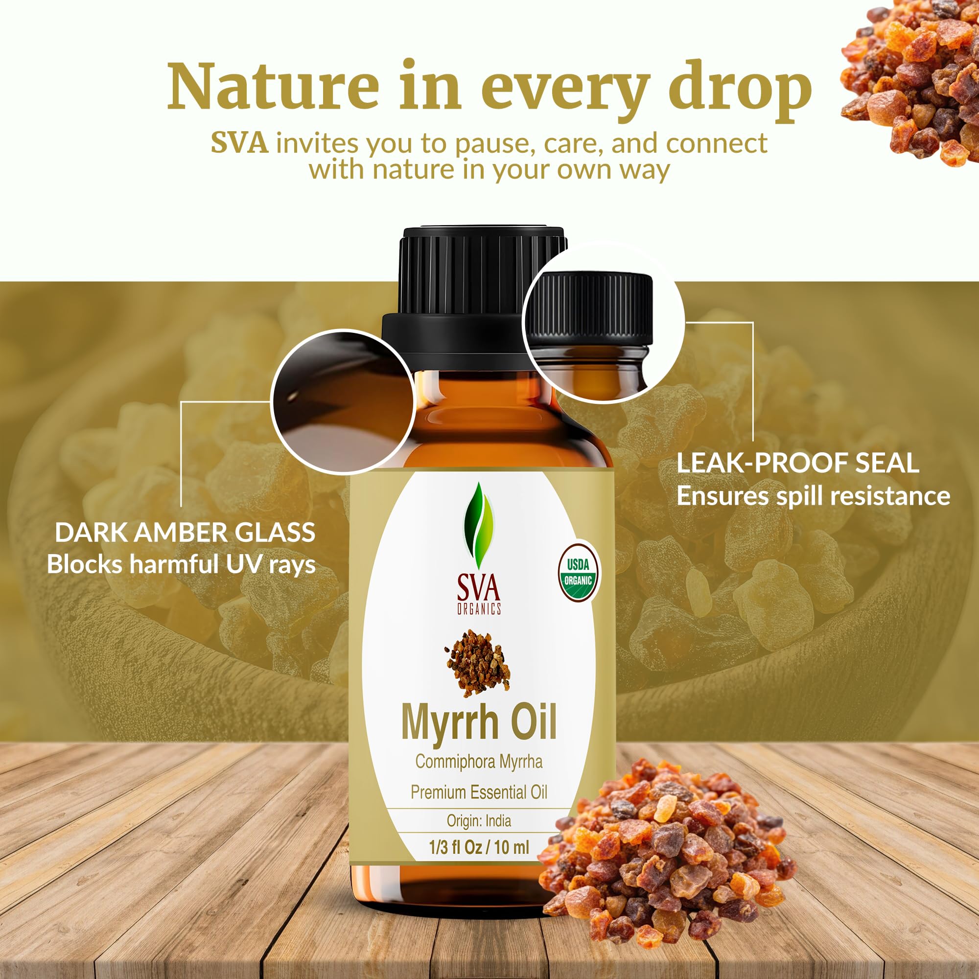 Cruelty-free, preservative-free Organic Myrrh essential oil packaging