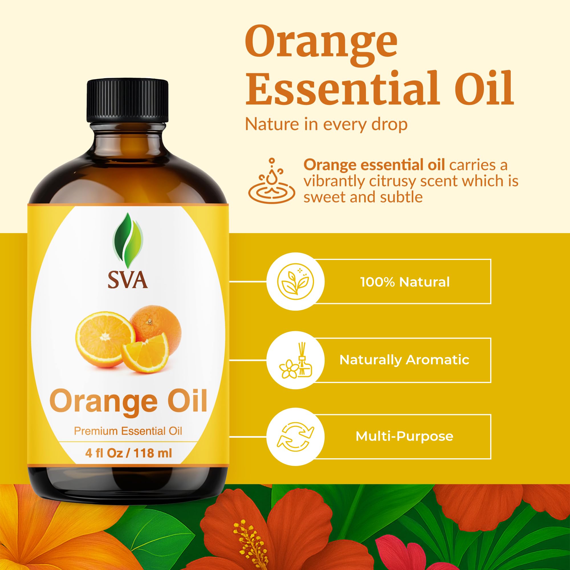 Close-up of SVA Orange Essential Oil bottle label