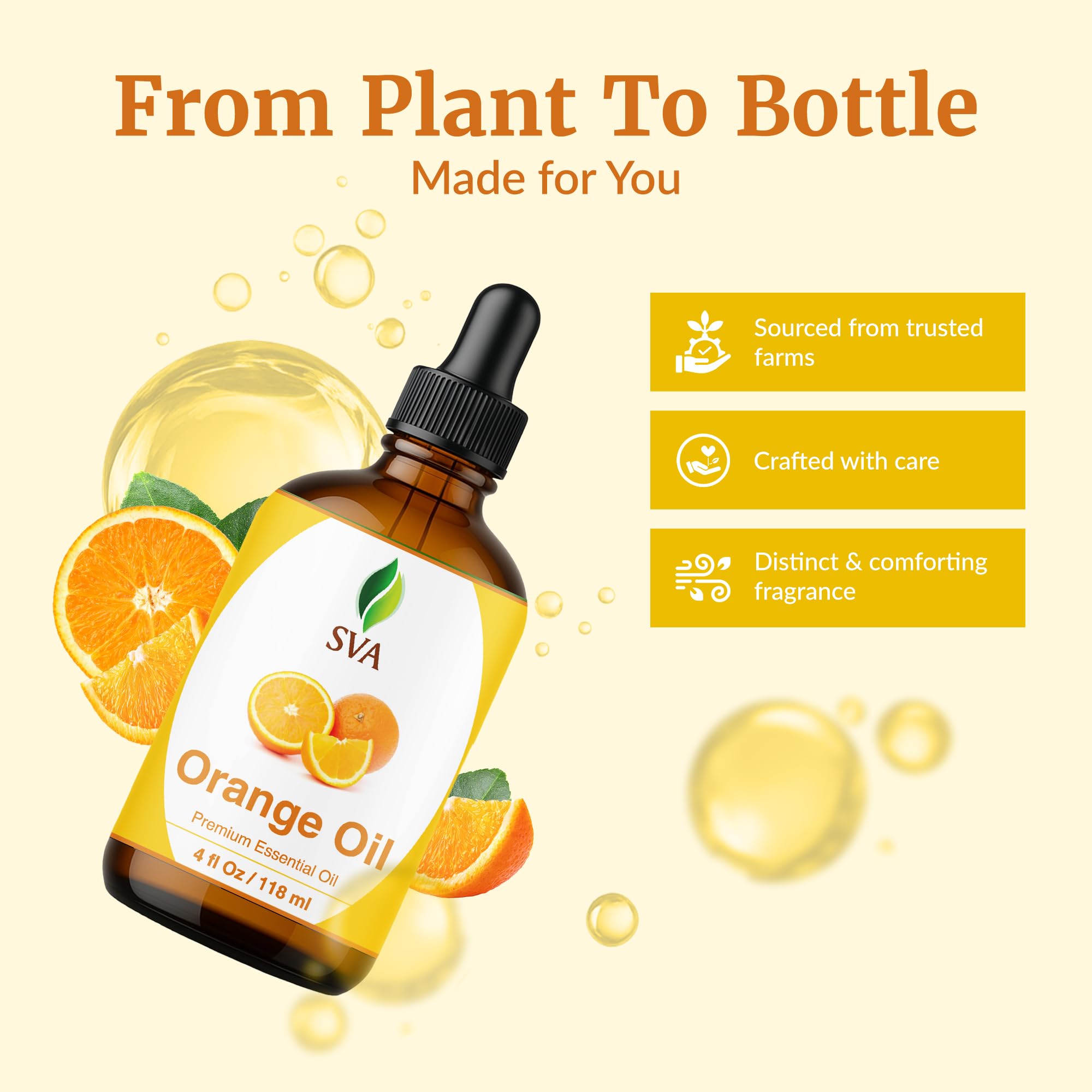 Amber glass bottle of SVA Orange Essential Oil 4oz