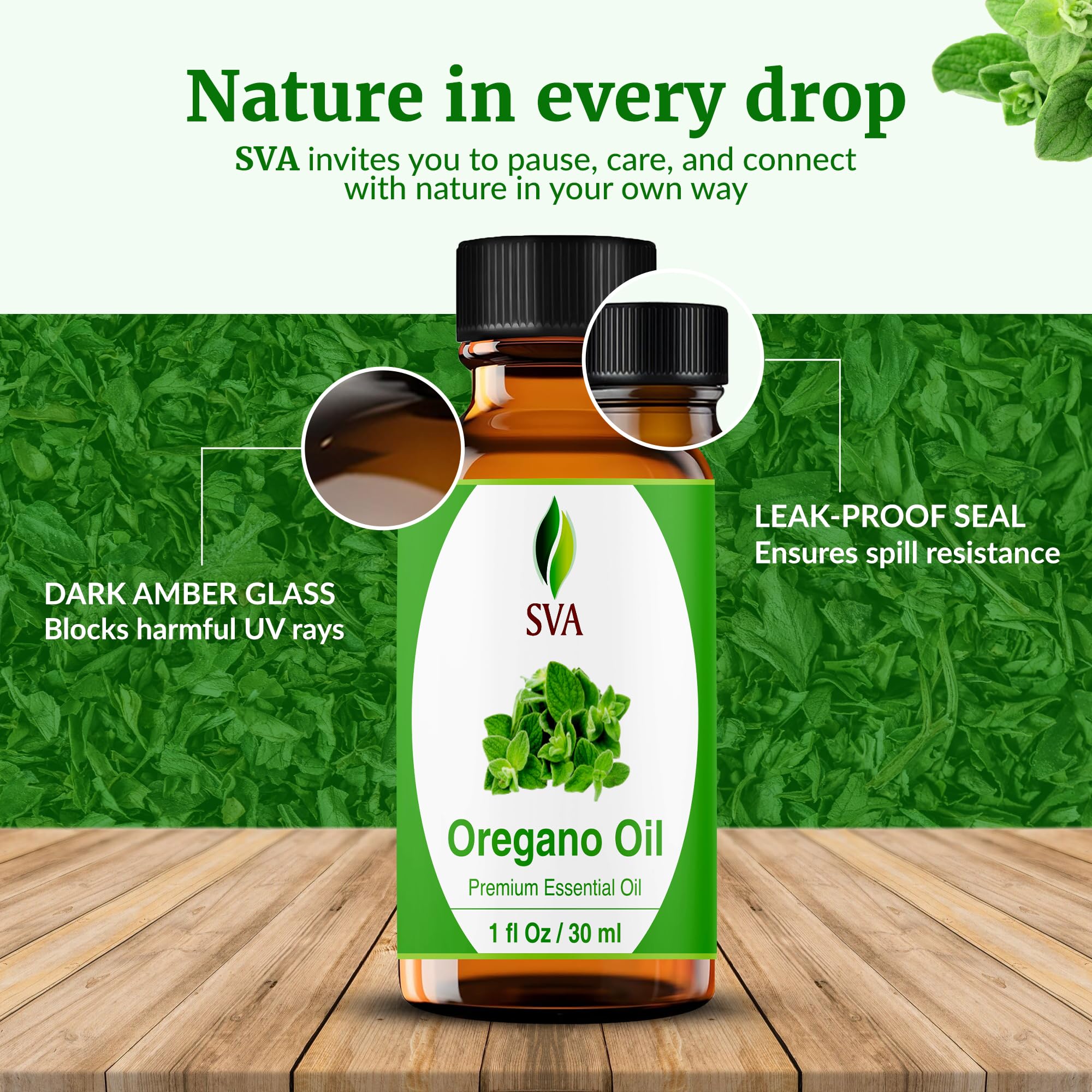 Close-up of SVA Oregano Essential Oil label