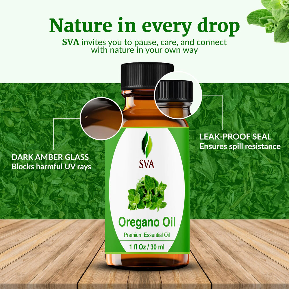 Close-up of SVA Oregano Essential Oil label