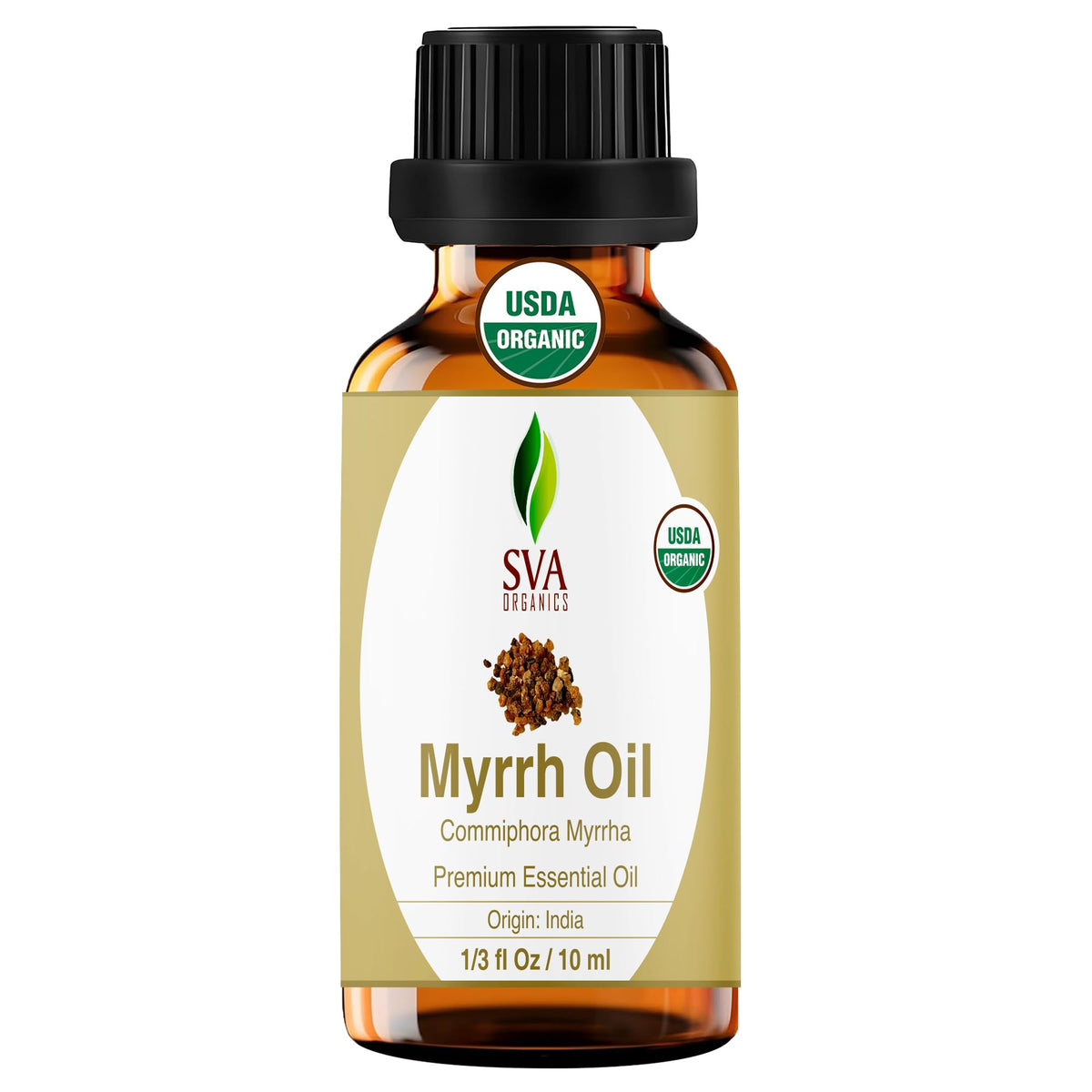 SVA Organic Myrrh Essential Oil bottle in amber glass, 1/3 oz