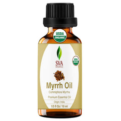 SVA Organic Myrrh Essential Oil bottle in amber glass, 1/3 oz