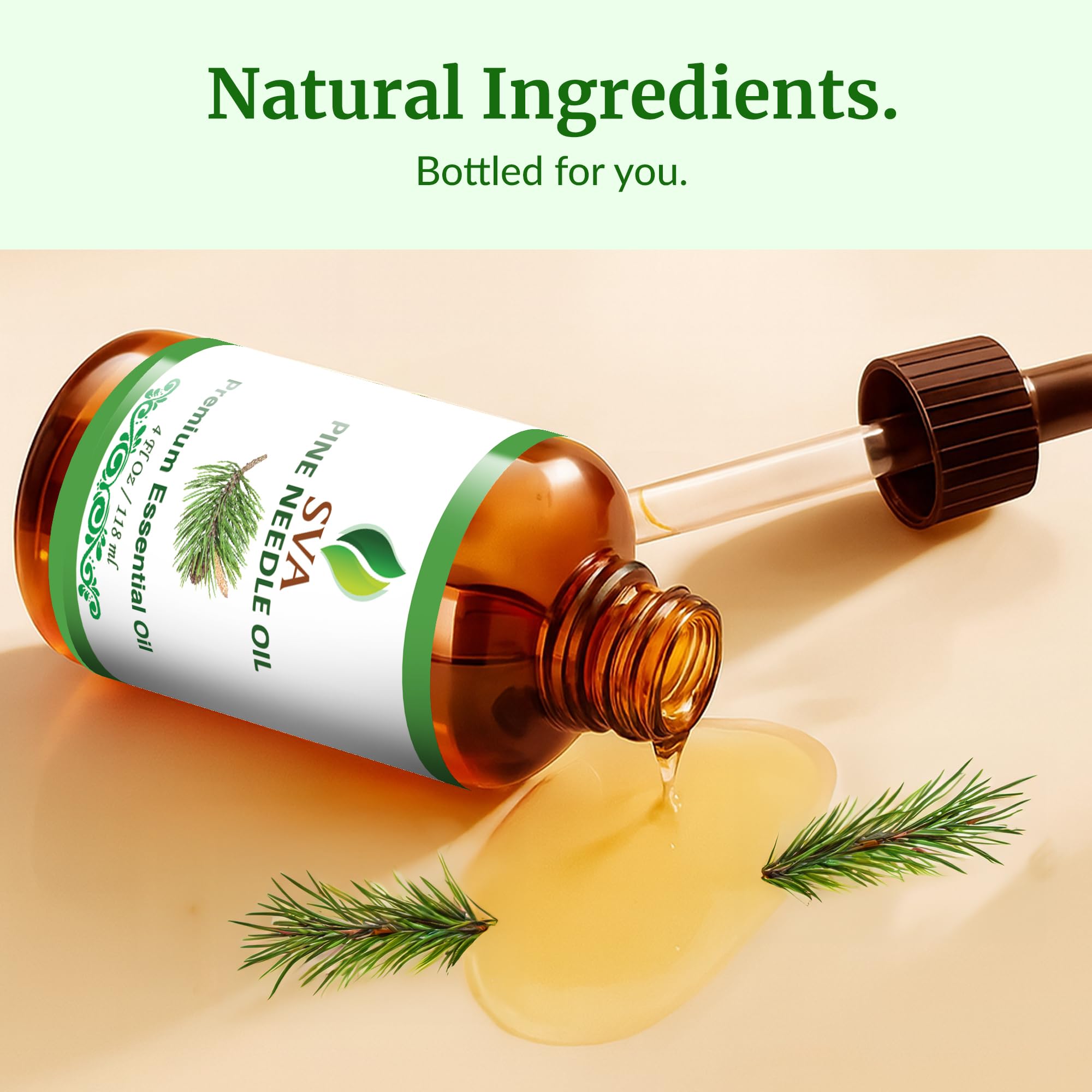 All-natural Pine Needle Essential Oil packaging and label