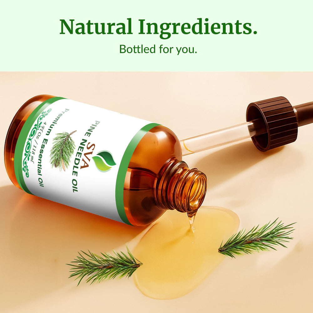 All-natural Pine Needle Essential Oil packaging and label