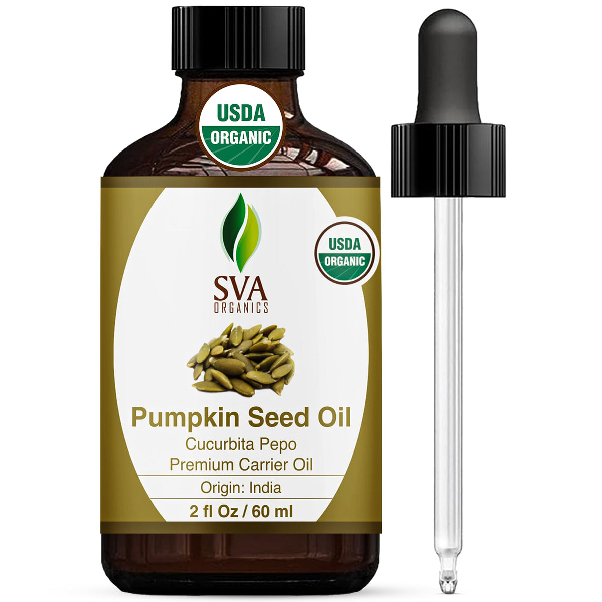 Bottle of SVA Organic Pumpkin Seed Oil 2oz with dropper