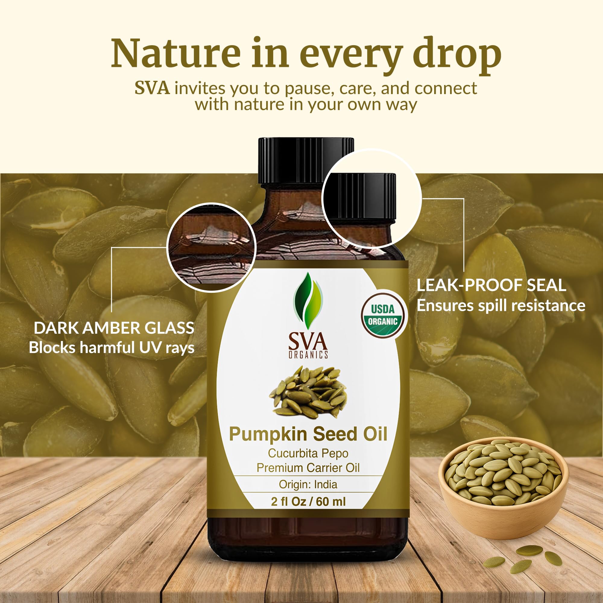 Label on SVA Organic Pumpkin Seed Oil bottle showing organic and natural claims