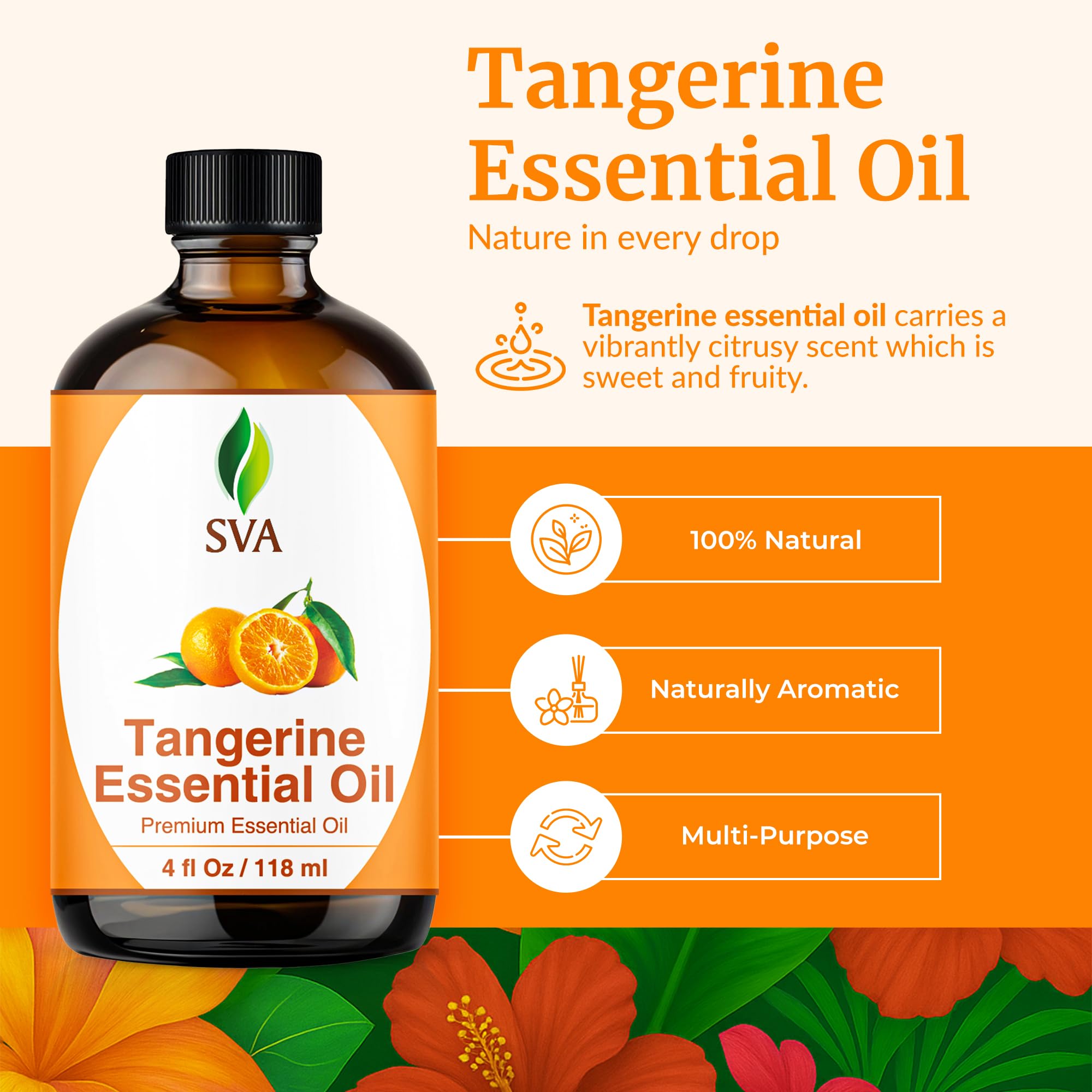 Close-up of SVA Tangerine Essential Oil 4 oz bottle