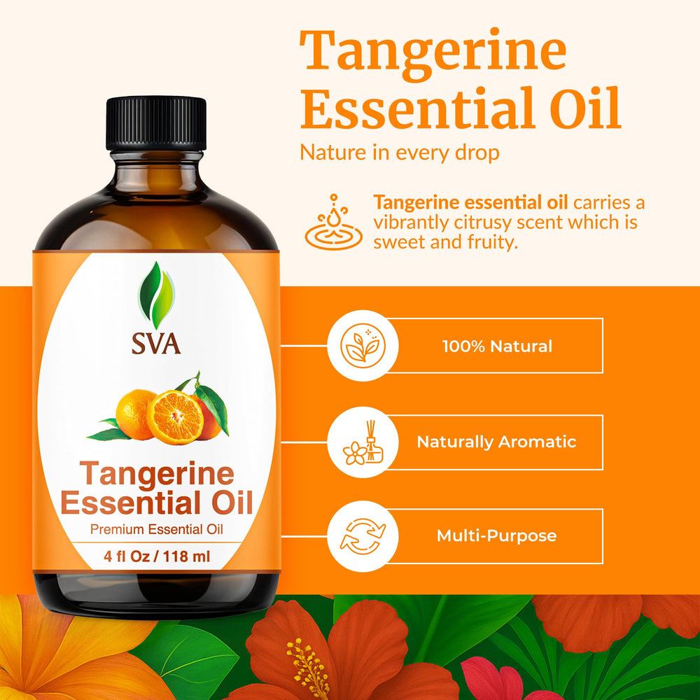 Close-up of SVA Tangerine Essential Oil 4 oz bottle