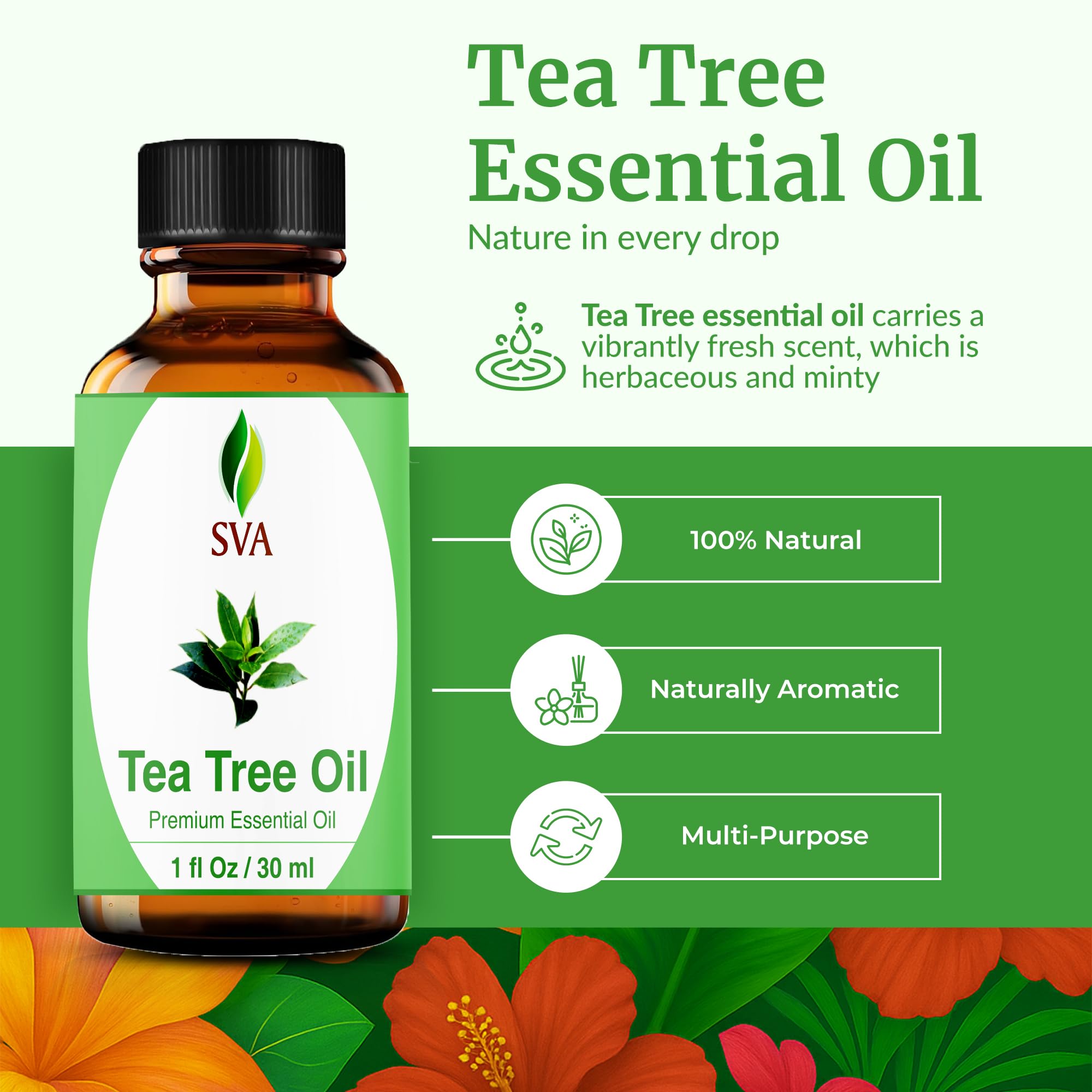 Close-up of SVA Tea Tree Oil 1oz label