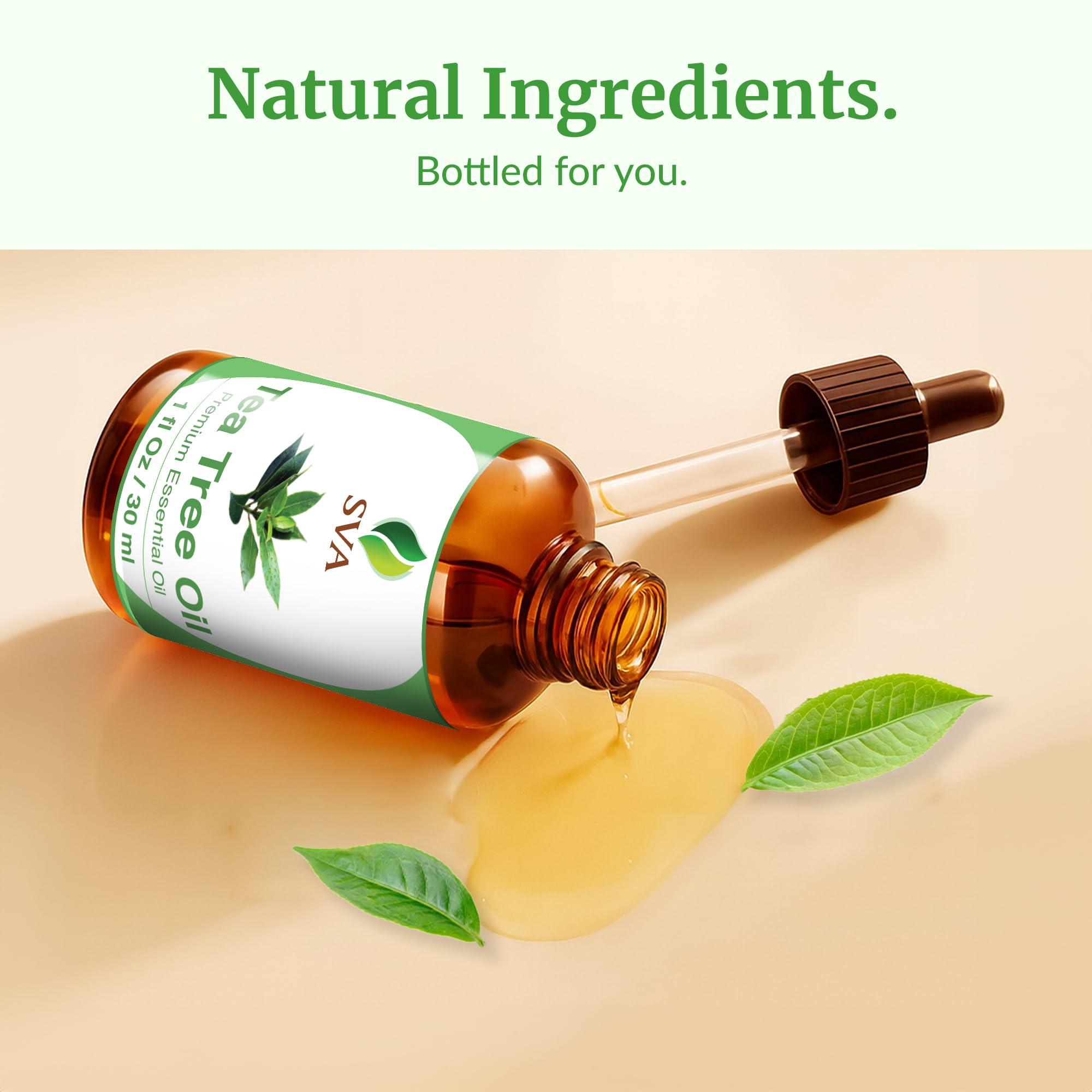 Dropper close-up of SVA Tea Tree Oil bottle