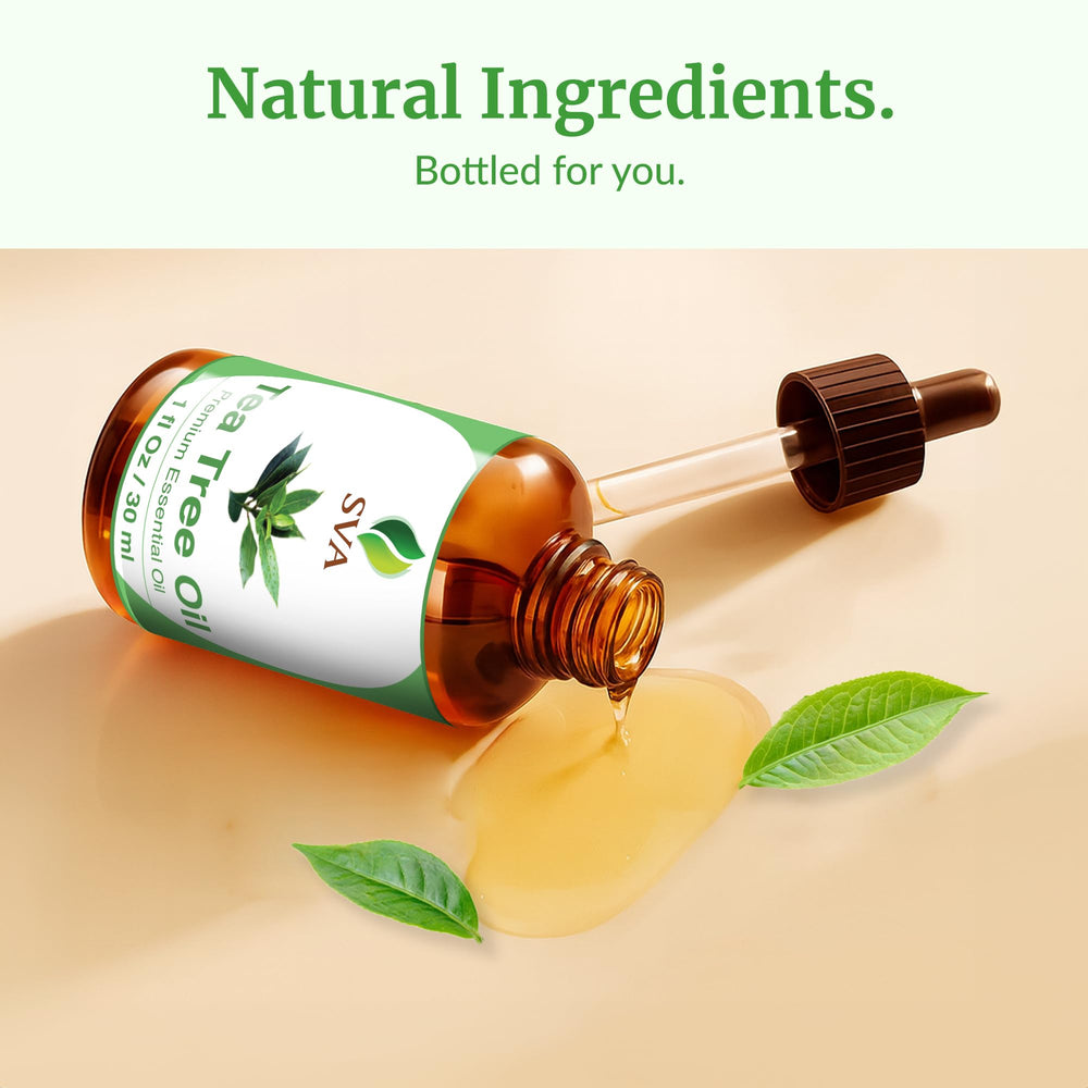 Dropper close-up of SVA Tea Tree Oil bottle