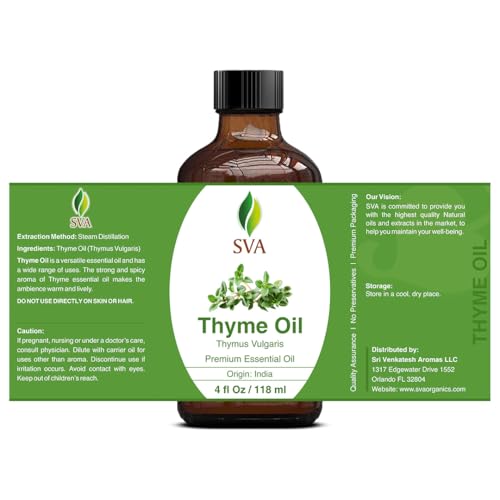 Close-up of thyme essential oil being dispensed from a dropper