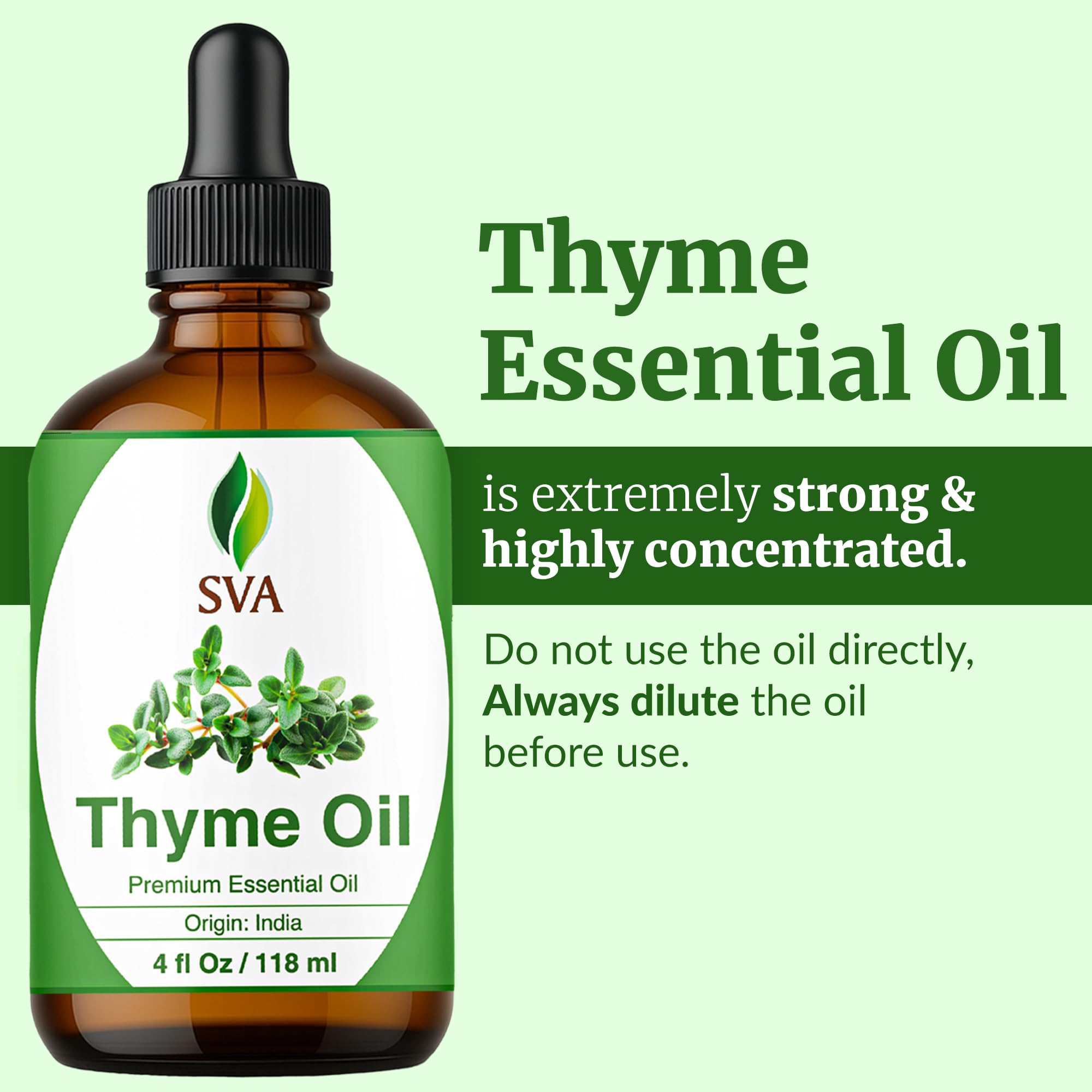 4oz bottle labeled SVA Thyme Essential Oil on white background