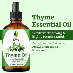 4oz bottle labeled SVA Thyme Essential Oil on white background