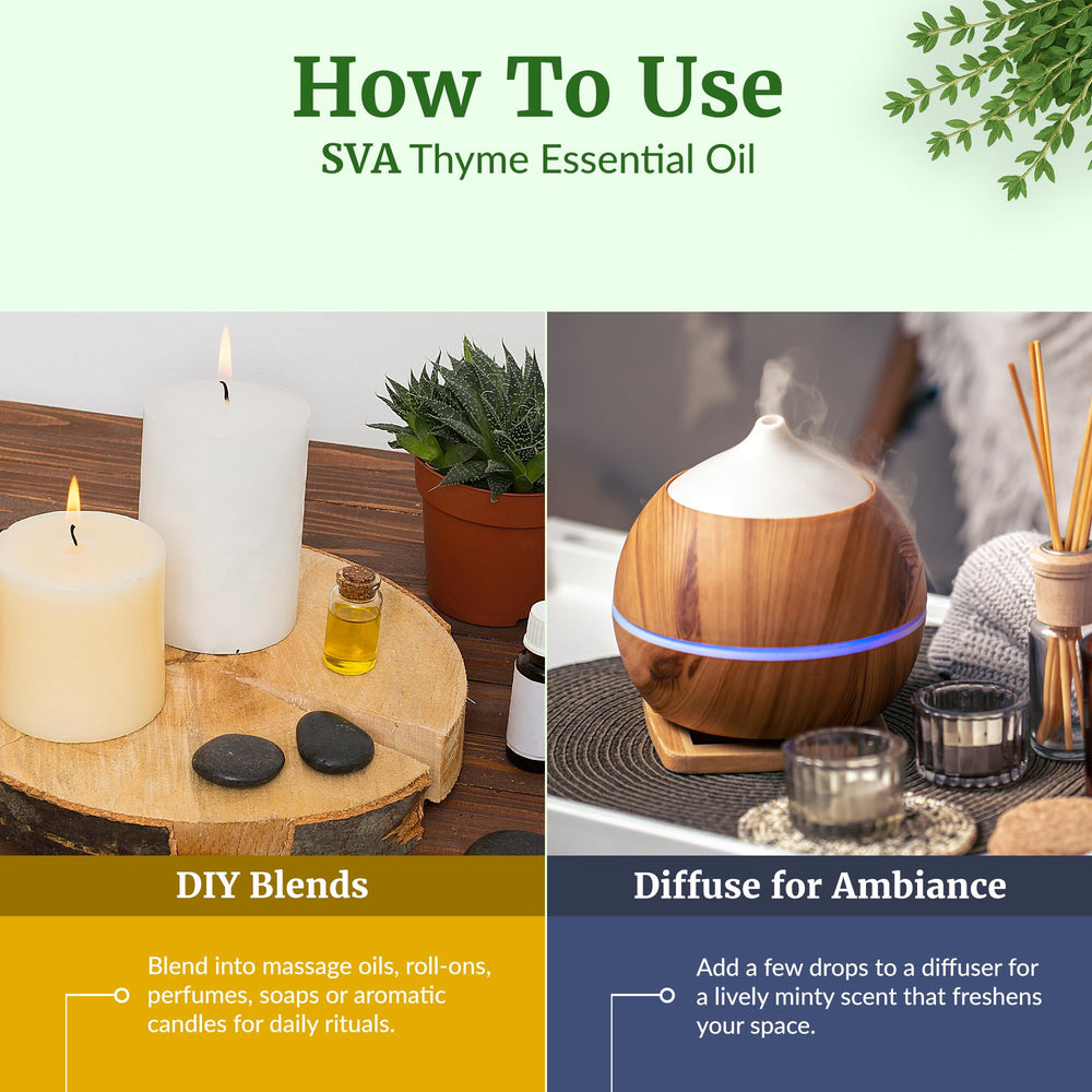 Thyme essential oil bottle surrounded by thyme sprigs