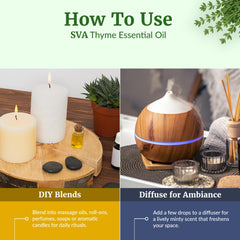 Thyme essential oil bottle surrounded by thyme sprigs