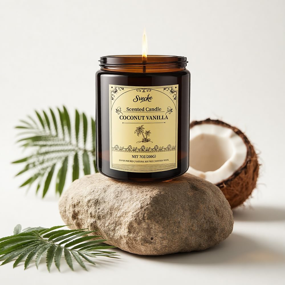 Aesthetic setup with coconut vanilla candle and soft lighting