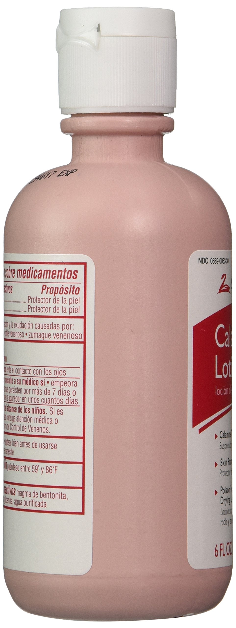 Swan Calamine Lotion side view on bathroom shelf.