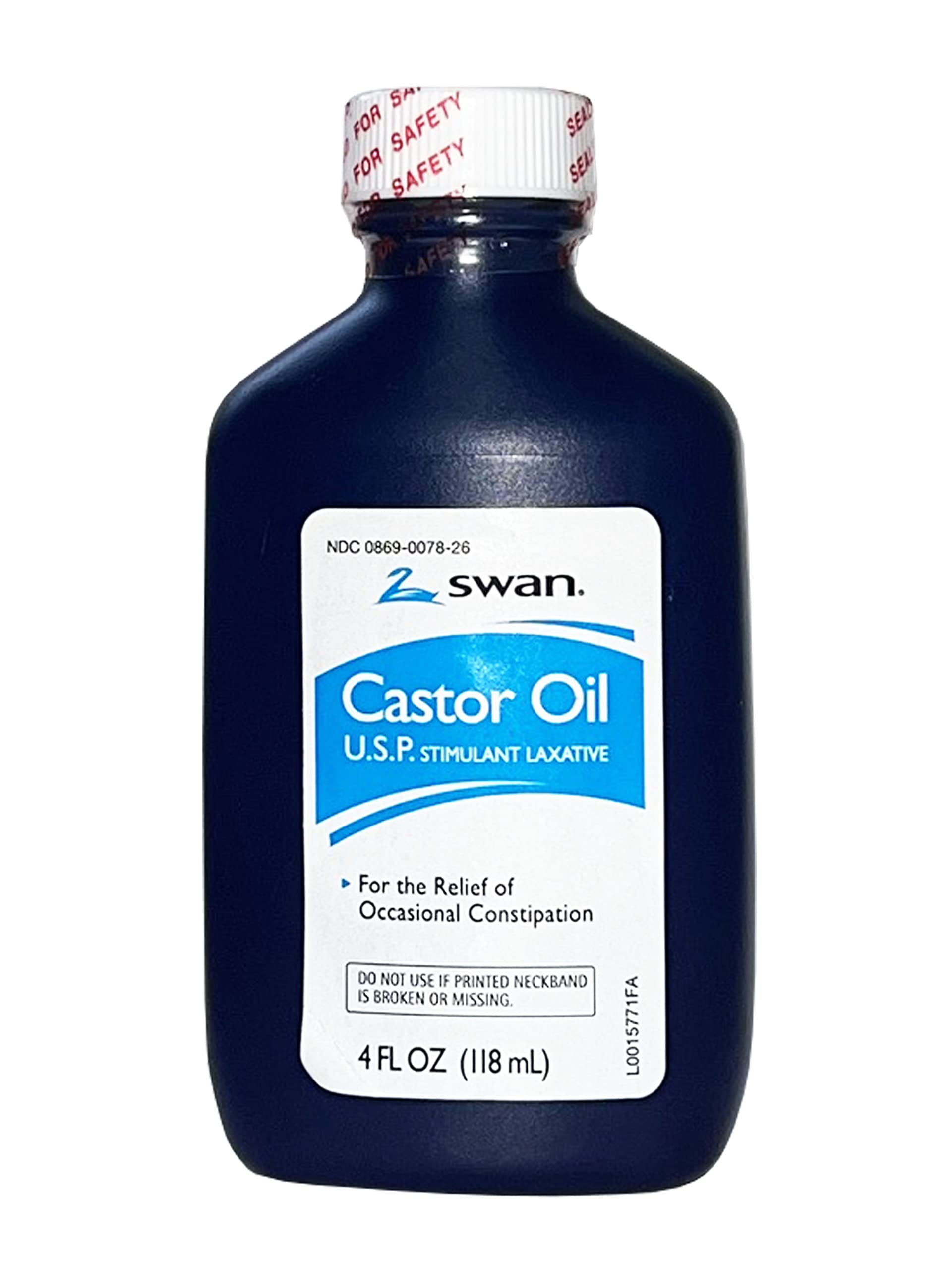 Swan Castor Oil USP 4oz bottle with security seal, travel-friendly daily use