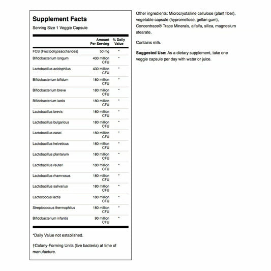 Label showing 3.2B CFU and 16 probiotic strains