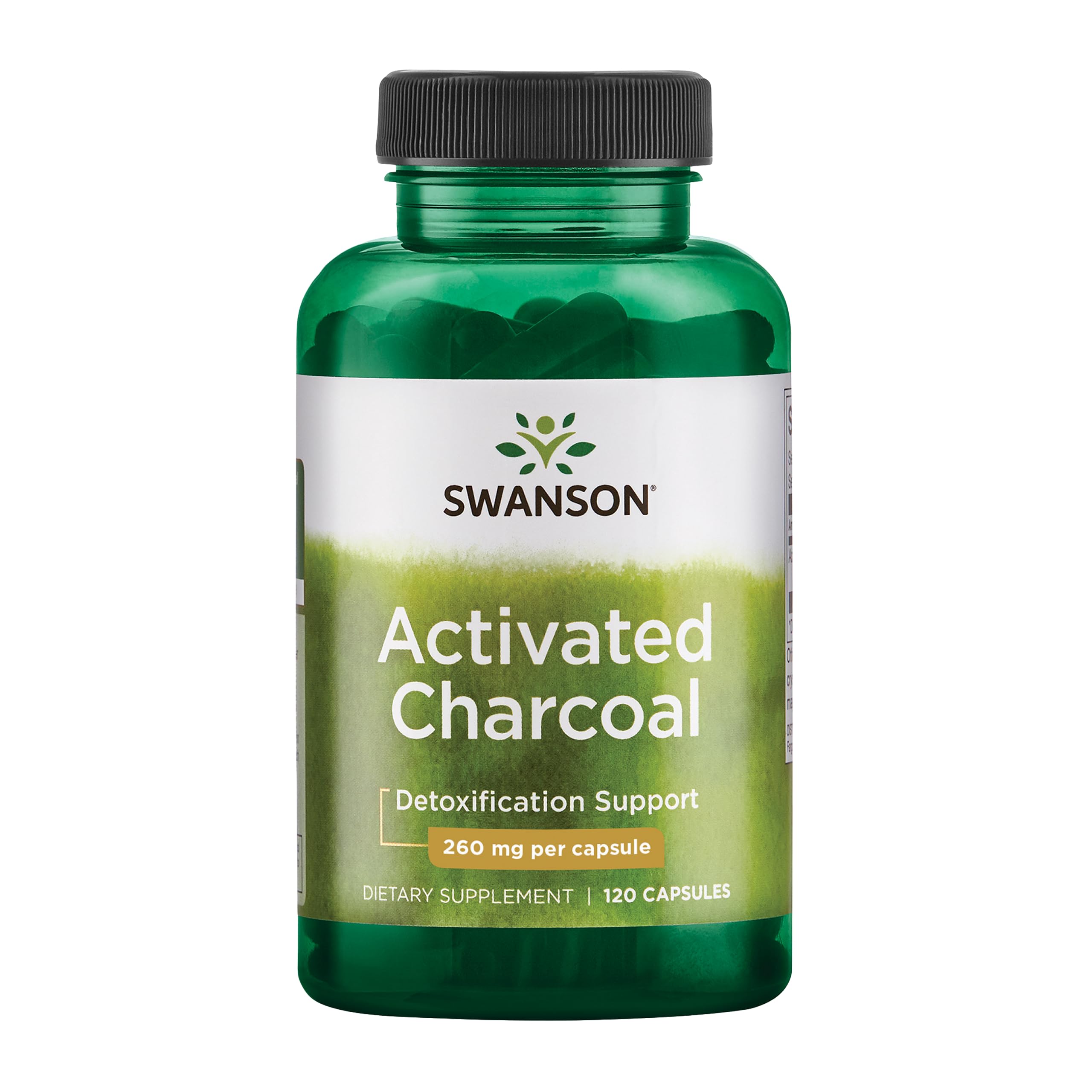 Swanson Activated Charcoal bottle label with 120 capsules
