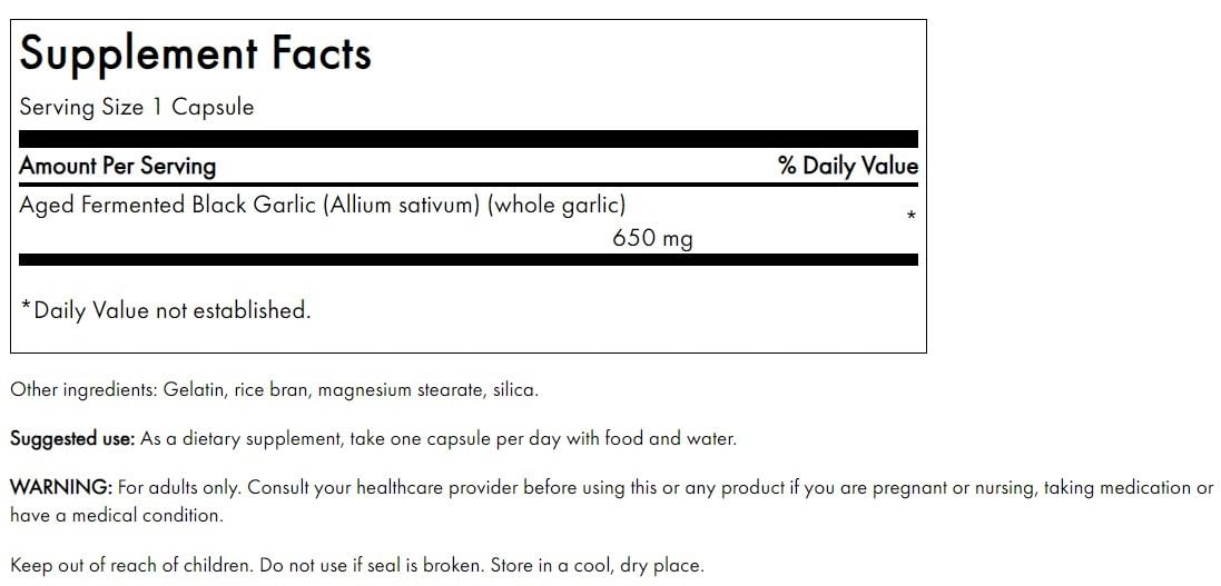 Swanson Aged Black Garlic 650 mg bottle label close-up