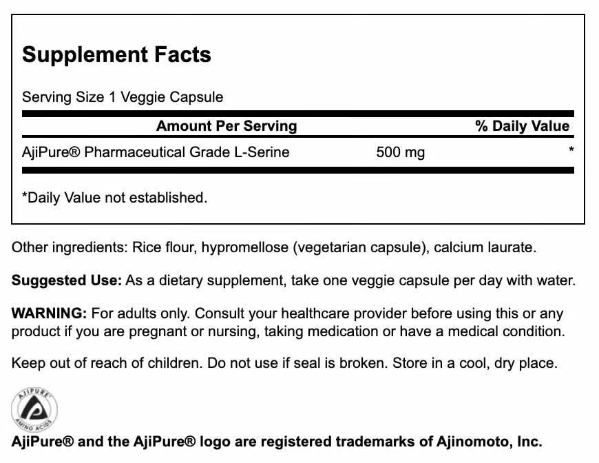 Close-up of Ajipure L-Serine 500mg label