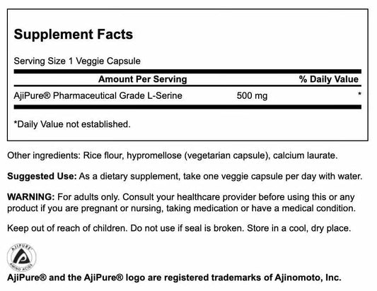 Close-up of Ajipure L-Serine 500mg label