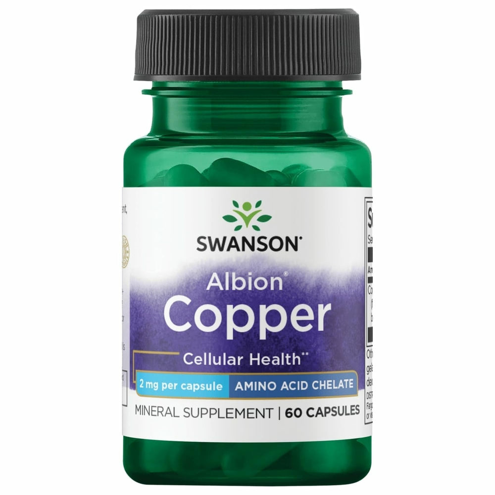 Swanson Albion Chelated Copper 2 mg bottle and capsules